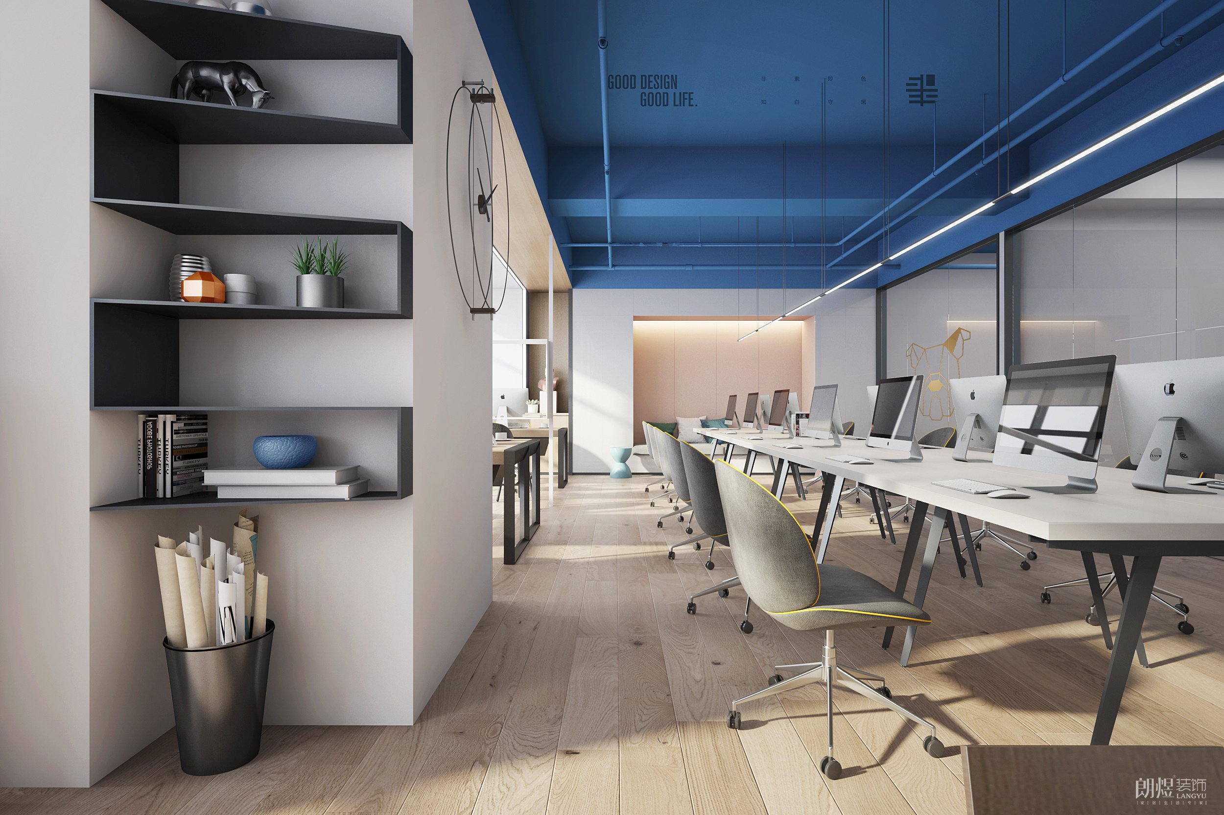 素色辦公室開(kāi)放辦公區(qū)效果圖